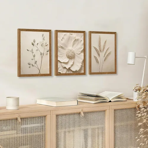Vista 3 de JLTULT 3 piezas de arte de pared con flores en lienzo con marco, arte de pared de flores en tonos neutros y beige, arte de pared de flores