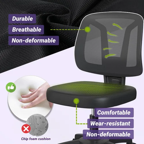 Vista 5 de Silla de escritorio giratoria sin brazos para computadora con soporte de madera ajustable en altura y ruedas giratorias para espacios pequeños