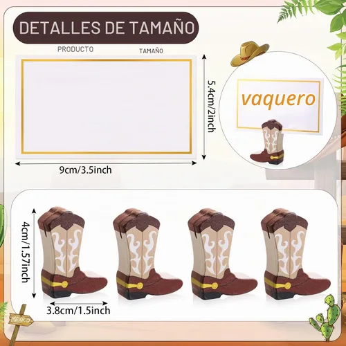 Vista 2 de Kigley 18 piezas de mini botas de vaquero adornos de madera, tarjetero y 25 piezas de papel de aluminio dorado blanco soporte para números