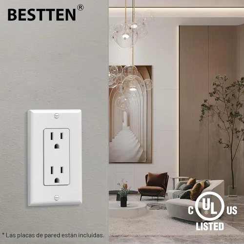Vista 6 de BESTTEN Paquete de 20 tomas de corriente decoradora de pared de 15 amperios, no resistente a manipulaciones, placa de pared incluida