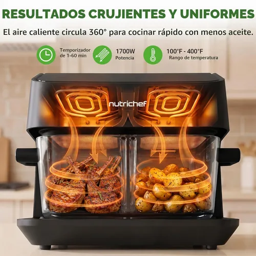 Vista 4 de NutriChef Freidora de aire de doble cesta de vidrio de tamaño familiar de 8.5 cuartos de galón Modos de cocción dual preestablecidos 8 en 1 Negro