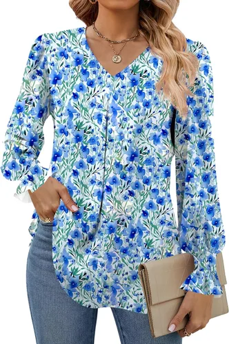 Vista 9 de Funlingo Blusas de mujer con mangas largas 2025, elegantes y casuales, con cuello en V, túnica suelta de gasa para el trabajo