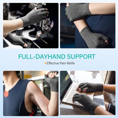 Vista 6 de Guantes de compresión para artritis, 2 pares de muñequeras con soporte para manos sin dedos para hombres y mujeres, guantes para aliviar el dolor