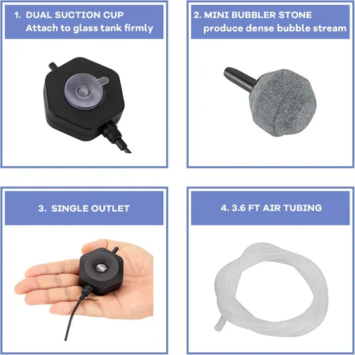 Vista 5 de hygger Mini bomba de aire silenciosa para acuario pequeña Betta Fish Tank Bubbler Bomba de aireación de oxígeno con tubo de piedra de aire ventosa