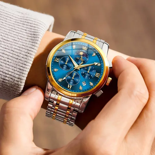 Vista 3 de OLEVS Watch for Men Diamond Business Dress Analog Quartz Stainless Steel Waterproof Luminous Date Two Tone Luxury Casual Wrist Watch Blue