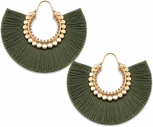 Vista 40 de Aretes de aro con borla, aretes colgantes de hilo de declaración, elegantes aretes largos con flecos, ligeros, largos y con gancho francés, para un