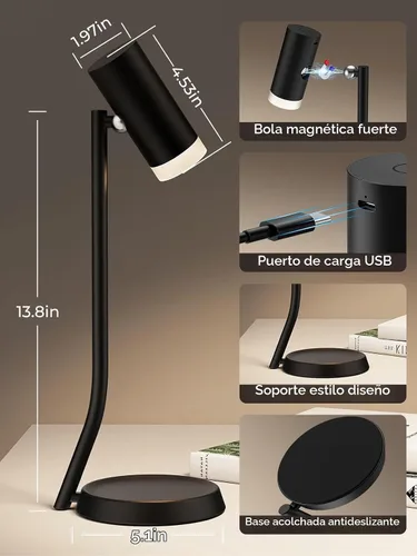 Vista 7 de PESUTEN Lámparas de mesa inalámbricas, luz de mesa portátil a pilas con cabezal de ángulo ajustable magnético, lámpara recargable de 5000 mAh