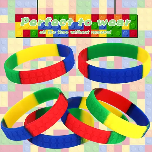 Vista 6 de Paquete de 48 pulseras de silicona de bloques de construcción para niños, regalos de fiesta de ladrillo de color, suministros de fiesta para niños
