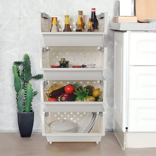 Vista 5 de Bringer Paquete de 4 cestas de almacenamiento apilables de plástico, cesta organizadora apilable de cocina, color blanco Stackable Storage Basket