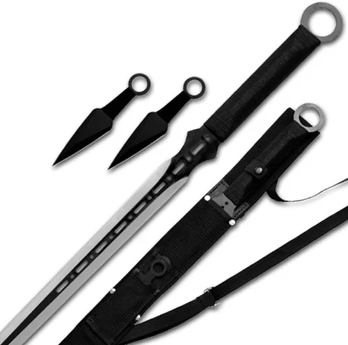 Vista 2 de Ace Martial Arts Supply - espada machete de ninja con cuchillo para lanzar, hoja táctica Full Tang, Katana, negro, 27 pulgadas