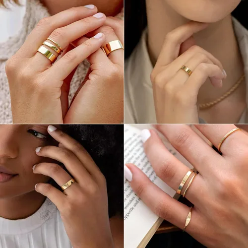 Vista 4 de Honsny 3 anillos de oro para mujeres y niñas, delicados anillos apilables de oro de 14 quilates, juego de anillos finos de oro para mujer, ajuste