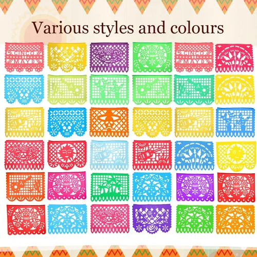Vista 3 de Preboun Mantel de plástico mexicano y pancarta de papel picado mexicano, suministros de decoración de fiesta para mesas rectangulares, carnaval