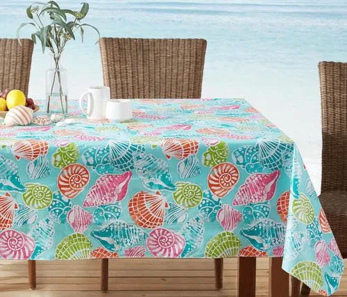 Vista 5 de Newbridge Mantel cuadrado de vinilo con parte trasera de franela, 52 x 52 pulgadas, estampado de conchas tropicales costeras, vinilo impermeable