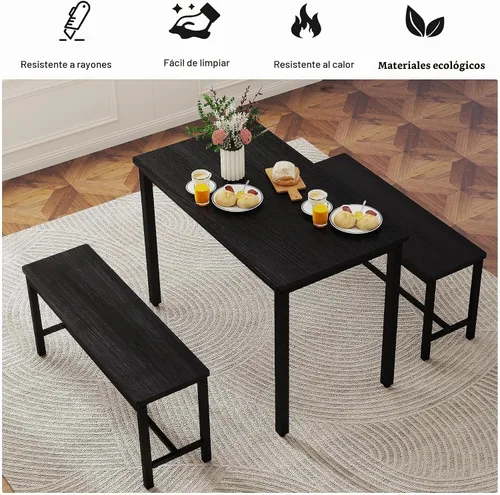 Vista 5 de Juego de mesa de comedor para 4, mesa de cocina con 2 bancos, muebles de comedor de madera de 3 piezas, juegos de sillas de comedor para rincón