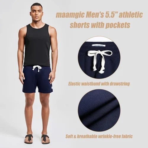 Vista 2 de maamgic Pantalones cortos deportivos para hombre, 5.5 pulgadas, cintura elástica, pantalones cortos de entrenamiento para hombre, pantalones cortos