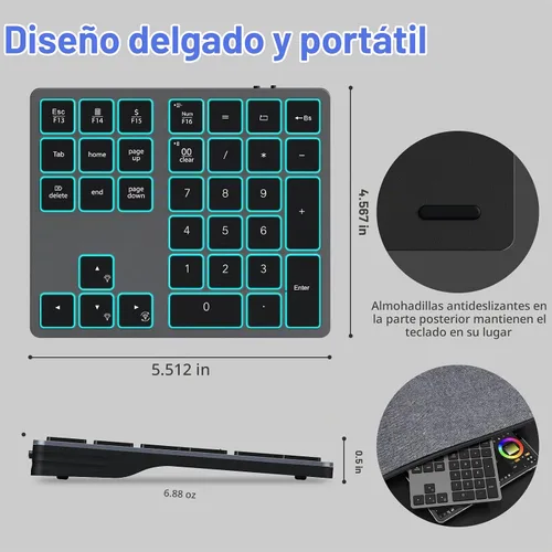 Vista 3 de Doohoeek Teclado numérico Bluetooth retroiluminado para computadoras portátiles y computadoras, almohadillas numéricas de 34 teclas con Gris