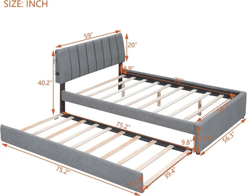Vista 2 de P PURLOVE Cama de plataforma tapizada de tamaño matrimonial con nido, marco de cama tapizado con luces LED, cama de plataforma de vellón de peluche