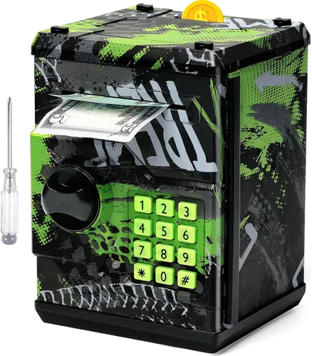 Vista 10 de Alcancía de cajero automático para niños y niñas, Vcertcpl - Mini alcancía de monedas con contraseña, caja de ahorro con agarre automático