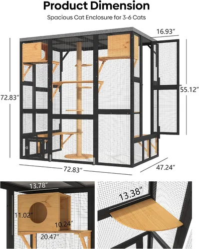 Vista 2 de Cerca exterior Katio para gatos, Katio al aire libre de entrada amplia con acceso a ventana, Katio montado en la pared para múltiples gatos con casa