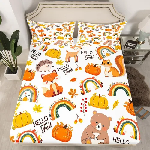 Vista 2 de Manfei Juego de sábanas de otoño, tamaño individual, diseño de hojas de calabaza, dibujos animados, arcoíris, zorro, oso, ciervo, para niños