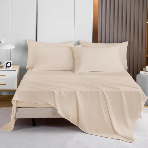 Vista 2 de Lavisun Paquete de 2 sábanas planas, sábanas planas de calidad de hotel, sábanas de microfibra cepillada, sábanas a granel para masaje, hogar, Beige