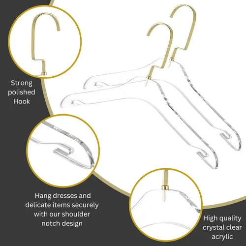 Vista 4 de HomeCube USA - Perchas de acrílico transparente con ganchos dorados, diseño Lucite resistente, elegante y resistente para suéteres, trajes