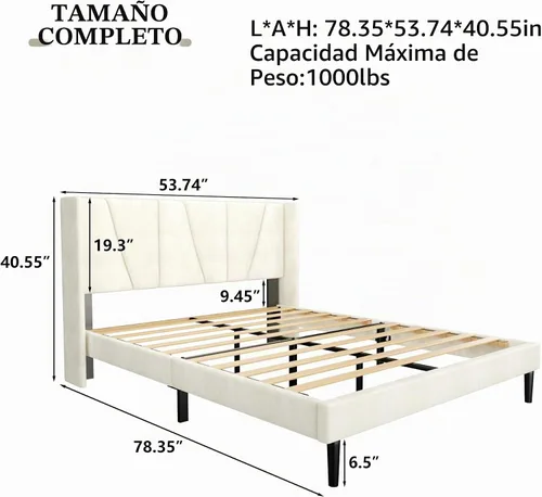Vista 2 de HAOARA Base de cama tamaño matrimonial con cabecero, bases de cama tapizadas con plataforma de terciopelo, base de colchón contemporánea, Beige