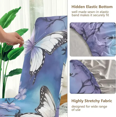 Vista 4 de Juego de 2 fundas para sillas de comedor con diseño de mariposas, elásticas, extraíbles y lavables, de elastano, para decoración de restaurantes