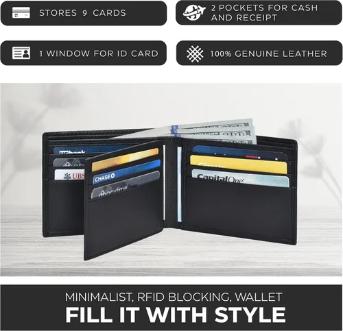 Vista 3 de Carteras RFID delgadas para hombres - Cartera de bolsillo frontal de piel genuina