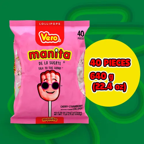 Vista 6 de Vero Manita Paletas sabor fresa y cereza caramelos en palo (bolsa de 40 unidades) - Paletas envueltas individualmente - Dulces mexicanos - Paletas