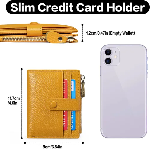 Vista 3 de FALAN MULE Billeteras pequeñas para mujer, con bloqueo RFID, delgada, plegable, de cuero, con cremallera, monedero, AP-amarillo, Minimalista