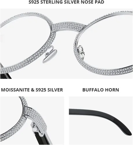 Vista 3 de HEPIDEM 925 plata esterlina 560pcs moissanita Buffalo Horn Glasses Frame Lujo Buffs Gafas