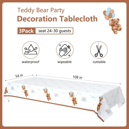 Vista 2 de Caisehabu 3 manteles de plástico para baby shower, con diseño de oso de peluche, estilo bohemio marrón y azul, suministros para decoración de fiesta