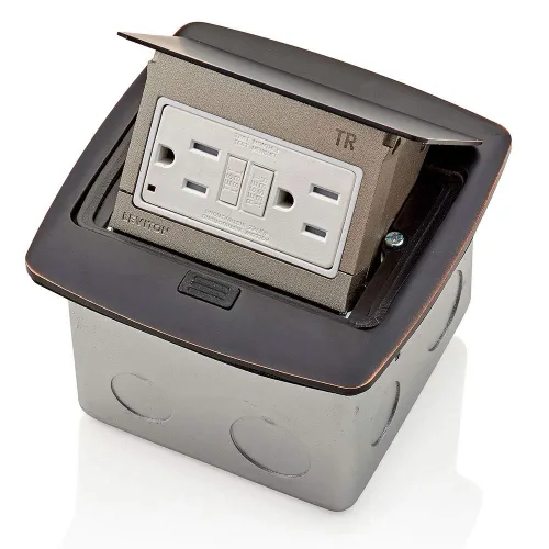 Vista 8 de Leviton Caja de suelo emergente con salida de 15 A, salida GFCI de autoprueba resistente a manipulaciones, PFGF1-MB, color negro