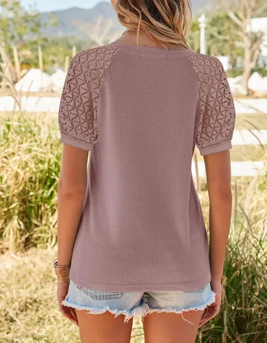 Vista 4 de MEROKEETY - Blusa de manga corta con cuello en V y encaje, de verano, para mujer