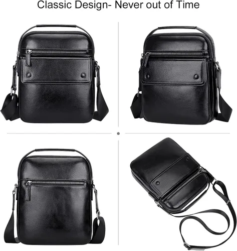 Vista 4 de PIJUSHI Bolso cruzado de cuero genuino para hombre pequeño bolso de mensajero con múltiples bolsillos