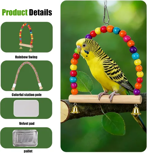 Vista 3 de Jaula portátil de viaje para loros con juguete pequeño oscilante y jaula de juguetes coloridos, bolsa de periquito para pájaros pequeños con bolsa