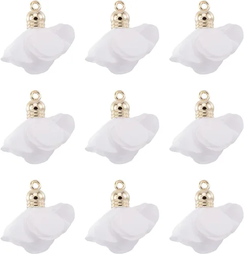 Vista 12 de Cheriswelry 50 colgantes de tela de tela de flores de tela negra con pétalos florales con tapa dorada en forma de campana para manualidades, aretes