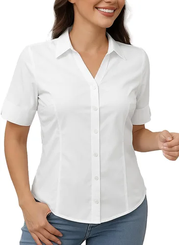 Vista 8 de SUNNOW Camisas de manga corta con botones para mujer, básicas, simples, elásticas, sin arrugas, blusas formales de trabajo