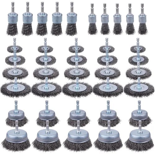 Vista 8 de Rocaris 24 piezas de cepillo de rueda de alambre para taladro, juego de cepillo de alambre de taladro de acero al carbono con vástago hexagonal
