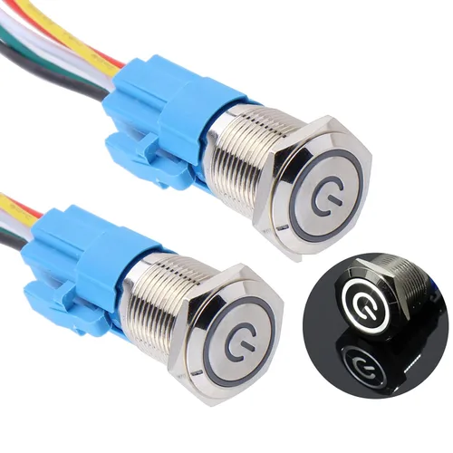 Vista 17 de 2 piezas de interruptor de botón de metal de cierre de 16 mm, 12V-24V, encendido/apagado, 1NO 1NC, impermeable, autoblocante, carcasa plateada