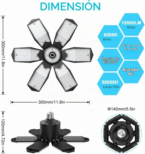 Vista 4 de Bombilla LED para garaje AYSEMO de 15000 lm - Luces LED de techo ajustables en 360° con 6+1 paneles deformables, 6500 K de luz diurna, base