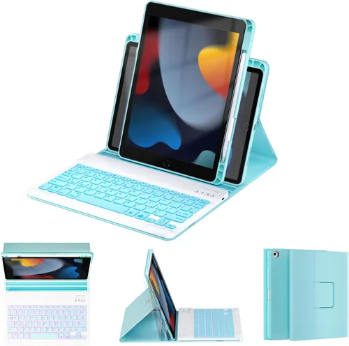 Vista 22 de OYEEICE Funda de teclado para iPad 6ª/5ª generación de 9.7 pulgadas, teclado inalámbrico desmontable retroiluminado de 7 colores, cubierta magnética