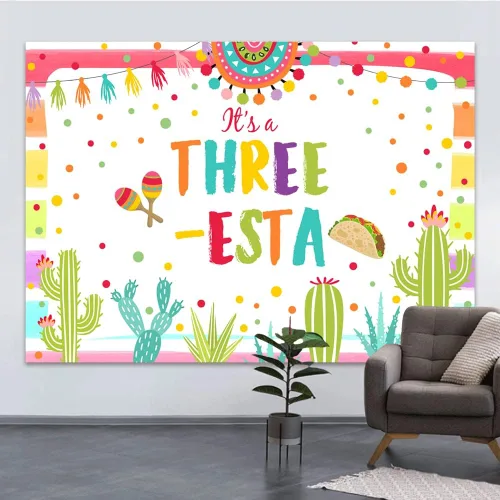 Vista 4 de Telón de fondo mexicano de tercer cumpleaños de 7 x 5 pies, decoración de fiesta blanca para fiesta de 3 esta, fondo de fotografía de niña