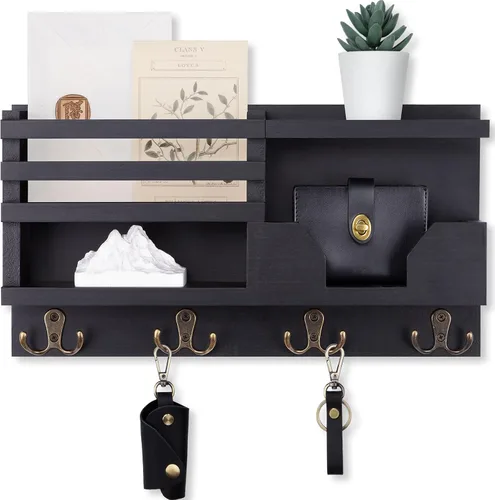 Vista 8 de Lwenki Organizador de Correo y Llavero para Pared - Organizador Decorativo de Entrada de 15.9" x 8.7" x 3.2" con Estante - Madera de Paulownia con 4