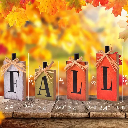 Vista 3 de Ovootok Decoraciones de otoño para el hogar, 4 letreros rústicos de decoración del hogar, centros de mesa de otoño para mesas, juego de bloques