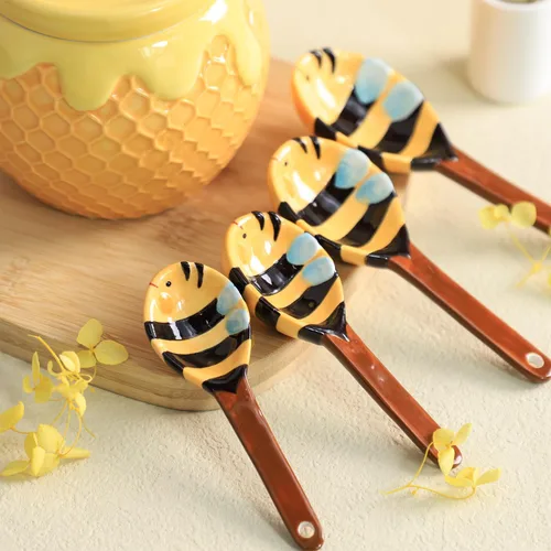 Vista 5 de Sizikato 4 piezas de cucharas medidoras de porcelana con base, lindas cucharas de abeja de cerámica y taza de panal