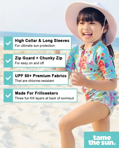 Vista 3 de Tame the Sun Traje de baño de manga larga para niña, con volantes, UPF 50+ con cremallera, traje de baño para edades de 3 a 12 años