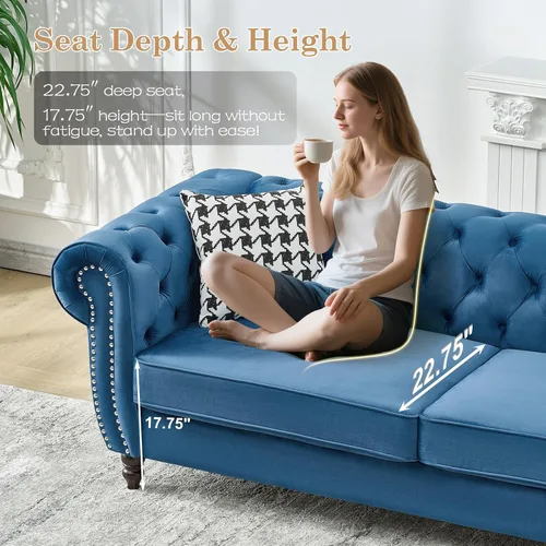 Vista 6 de Juego de 2 sofás de terciopelo negro moderno de mediados de siglo, sofá y sofá biplaza con botones copetudos, muebles para la sala, cómodo sofá Azul