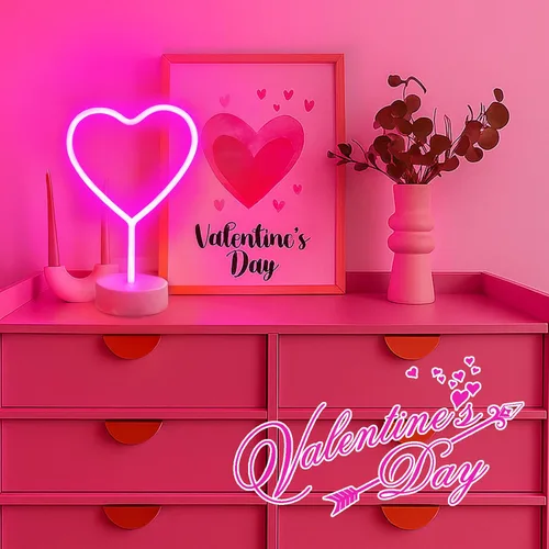 Vista 6 de BHCLIGHT Letrero de neón de corazón rosa, luz LED de neón para el día de San Valentín, funciona con pilas o USB, luces de corazón rosa de San